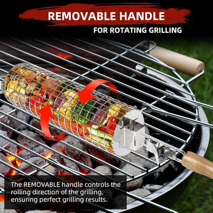 CEBERVICE Rolling Grilling Baskets, SUS304 Stainless Steel, REMOVABLE WOODEN HANDLE, Portable BBQ Outdoor Camping round Cylinder Grilling Rack for Fish, Vegetables, Shrimp, Barbeque Griller Cooking Accessories Gifts for Men, Dad, Father, Husband