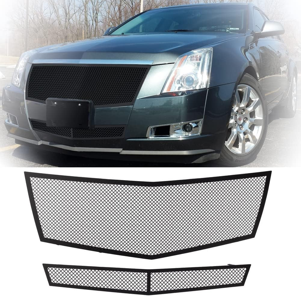 Stainless Steel Mesh Grille Grill Insert Combo Compatible with 2008 2009 2010 2011 2012 2013 Cadillac CTS Include Upper+Lower (Black Powder Coated)