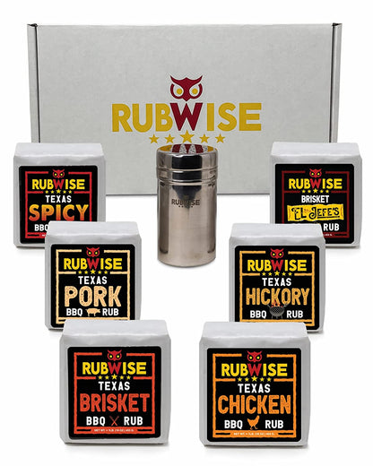 Texas Style BBQ Rub Gift Set by Rubwise|Meat Dry Rub Spices and Seasoning Sets Variety Pack|Smoking & Grilling Gifts for Men|6 X 1Lb Bags|Barbecue Spice Kit for Pork, Beef, Chicken, Turkey|Shaker Included
