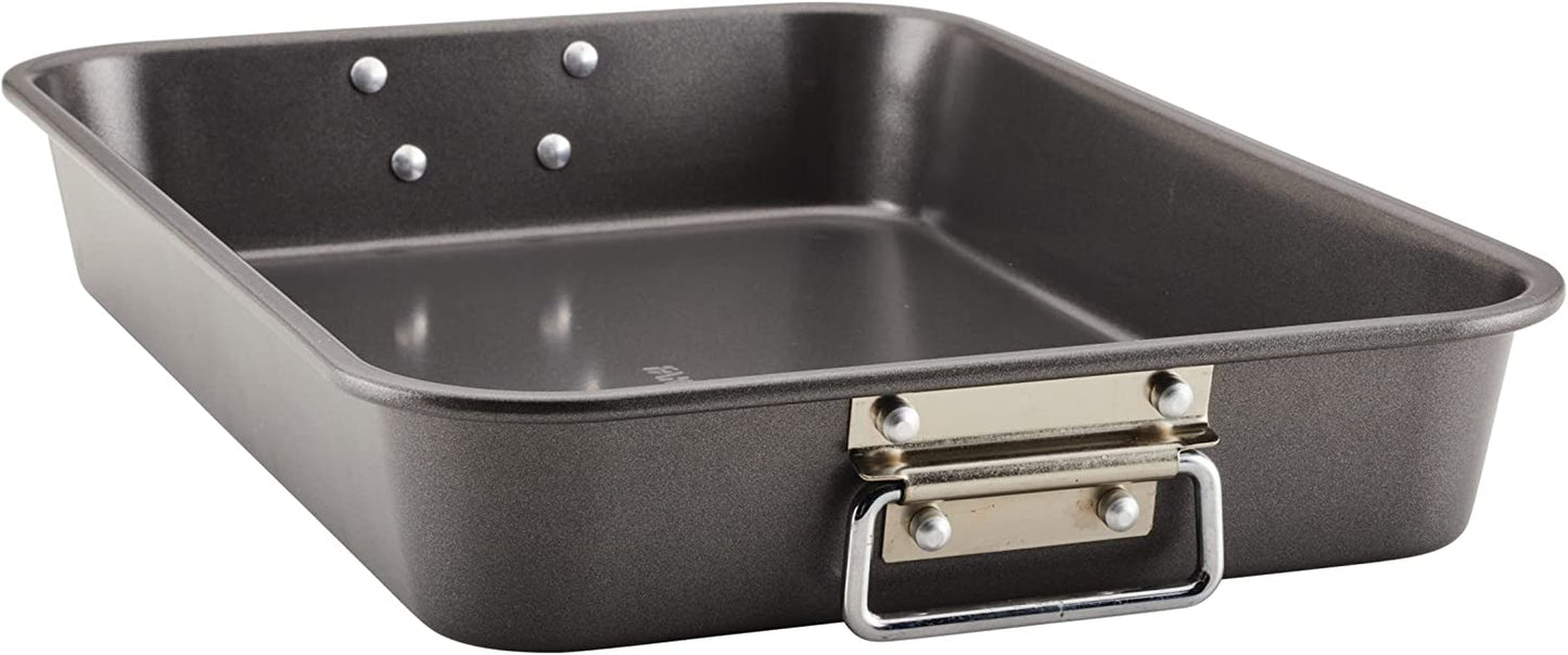 Farberware Bakeware Nonstick Steel Roaster with Flat Rack, 11-Inch X 15-Inch, Gray
