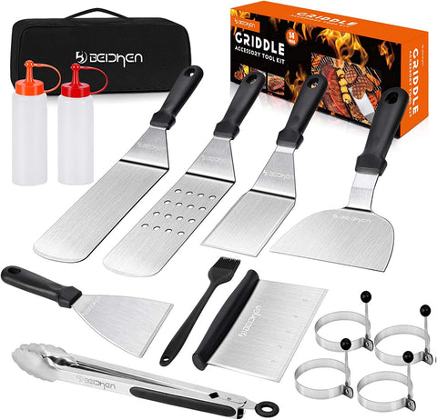 Image of Griddle Accessories Kit, 14 Pcs Stainless Steel Griddle Grill Tools Set Blackstone and Camp Chef, Professional Grill Spatula Set for Men Women Outdoor BBQ and Camping