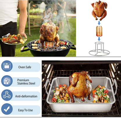 15¼" Roasting Pan with Rack, 7 PCS P&P CHEF Stainless Steel Roaster Lasagna Pan with Cooling Flat & V-Shaped Baking Rack, Grilling Chicken Holder, Meat Shredding Claws, Dishwasher & Oven Safe