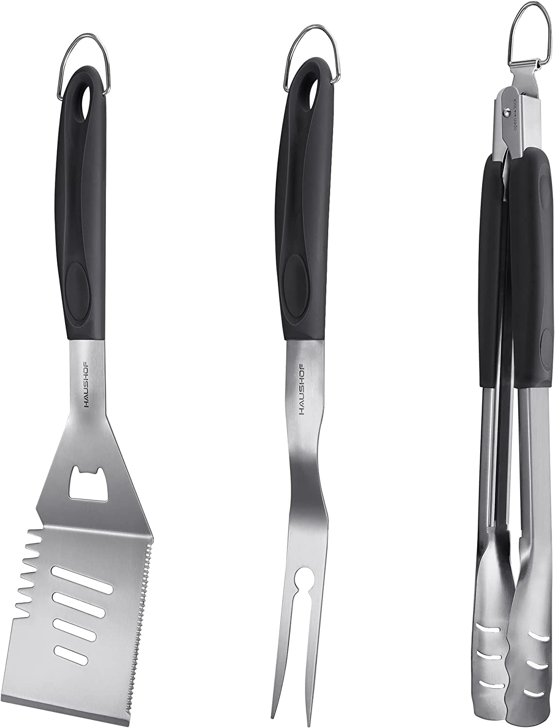 HAUSHOF Large Grill Accessories Heavy Duty BBQ Set Gifts for Men/Women - Premium Stainless Steel Spatula, Fork & Tongs (16.5/16/16.5 In.), Barbecue Utensils Tool Kit Gift for Grilling Lover Outdoor