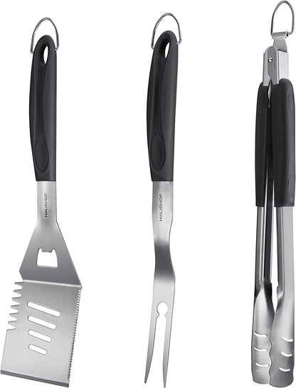 HAUSHOF Large Grill Accessories Heavy Duty BBQ Set Gifts for Men/Women - Premium Stainless Steel Spatula, Fork & Tongs (16.5/16/16.5 In.), Barbecue Utensils Tool Kit Gift for Grilling Lover Outdoor