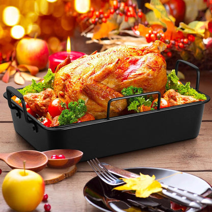 Large Roasting Pan with Rack Set of 3, P&P CHEF 15¼" Turkey Roaster Pan & V-Shape Baking Rack & Cooling Rack for Chicken Rib Lasagna Cookie, Nonstick Coating & Stainless Steel Core, Sturdy & Healthy