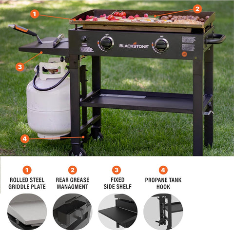 Image of Flat Top Gas Grill Griddle 2 Burner Propane Fuelled Rear Grease Management System, 1517, Outdoor Griddle Station for Camping, 28 Inch