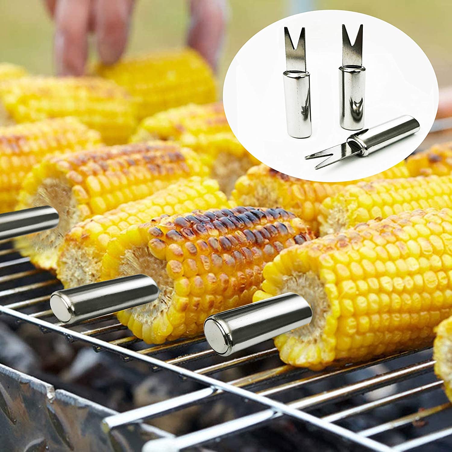 Stainless Steel BBQ Grill Tool Kit 20 PCS + Carrying Bag Set : Tong, Basting Brush, Spatula, Cleaning Brush, Meat Fork, 7 Skewers, 8 Corn Holders for Picnic Camping Cooking Grilling