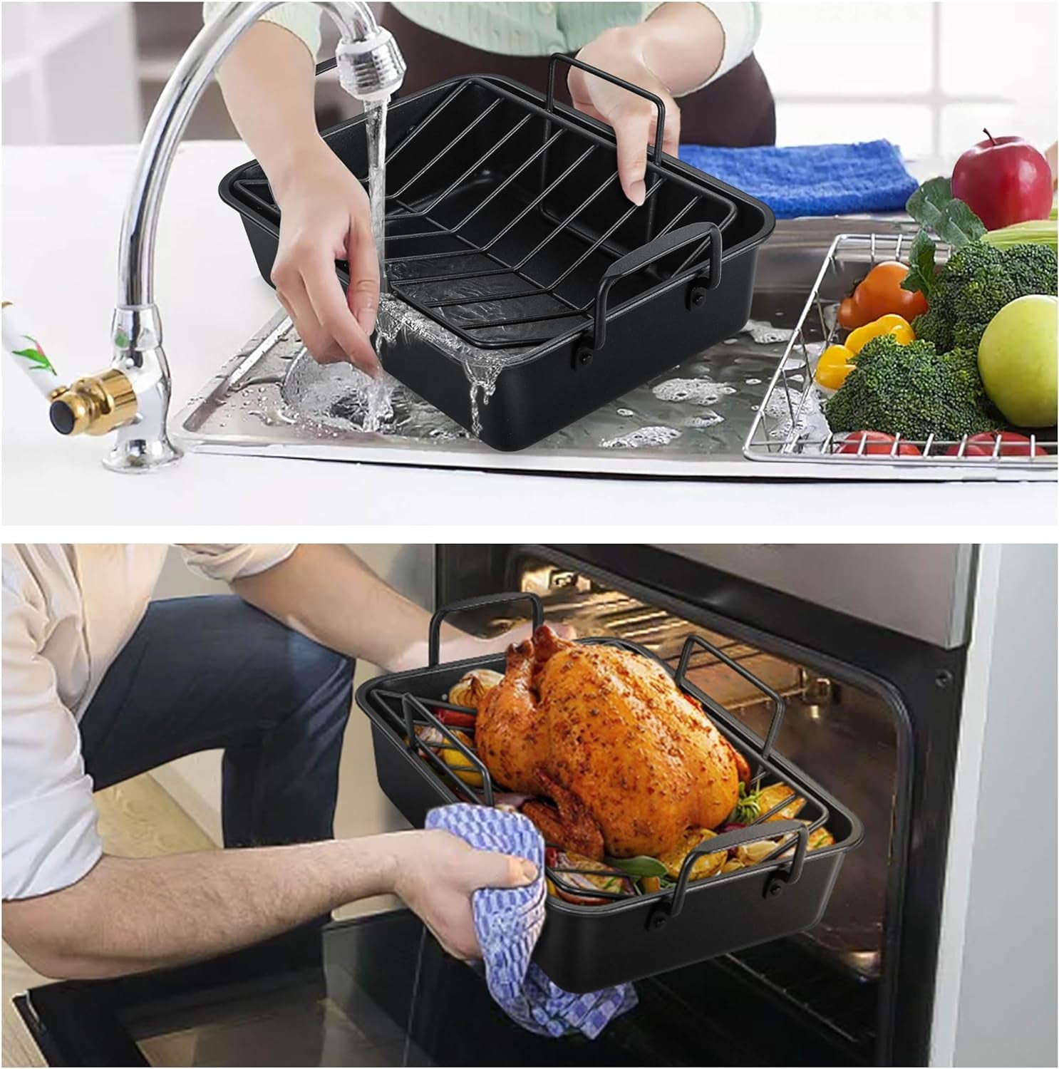 Teamfar Roasting Pan, 14Inch Coated Turkey Roaster Lasagna Pan with V-Shaped Rack & Flat Rack, Non-Stick Coating & Stainless Steel Core, Healthy & Heavy Duty, Deep Sides & Easy to Clean, Set of 3