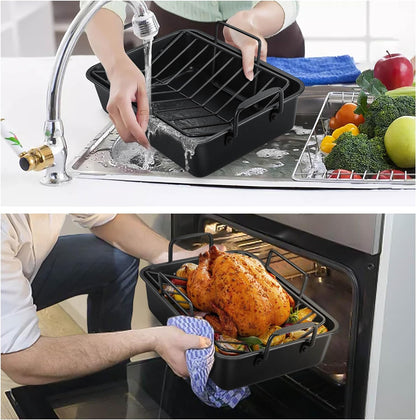 Teamfar Roasting Pan, 14Inch Coated Turkey Roaster Lasagna Pan with V-Shaped Rack & Flat Rack, Non-Stick Coating & Stainless Steel Core, Healthy & Heavy Duty, Deep Sides & Easy to Clean, Set of 3