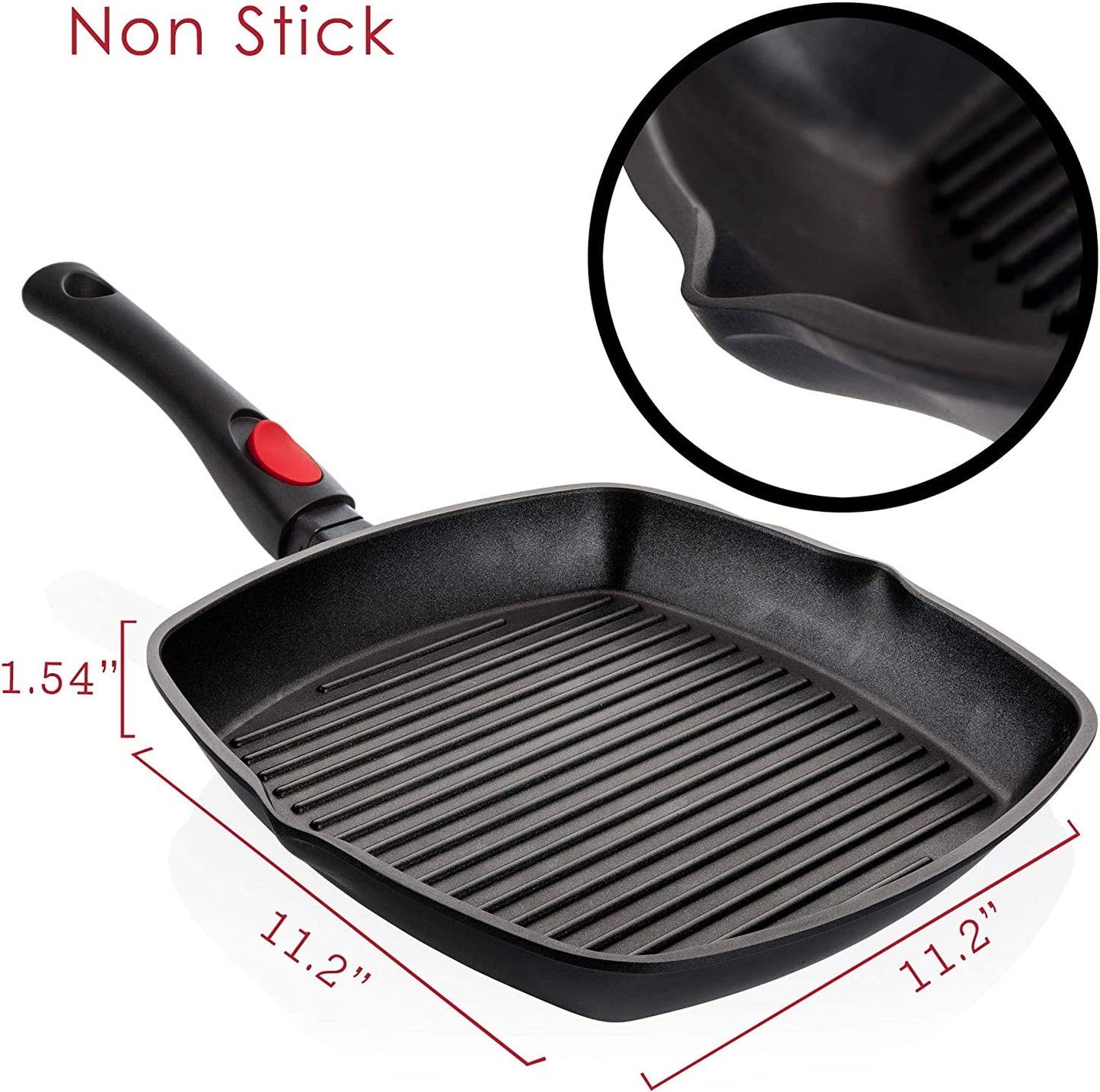 Square Die Casting Aluminum Grill Pan, Removable Handle Griddle Nonstick Stove Top Grill Pan, for Meats & Vegetables, Dishwasher Safe 11In Square Pan with Detachable Handle