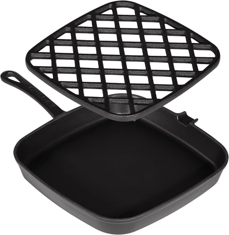 Image of Grill Pan - 2-Part Cast Iron Grill Pan with Removable Grill Grate - Square Pans for Grilling, Searing, BBQ, and More - Oven-Safe up to 450° - Ready Criss Cross Lines - Also Use as Griddle