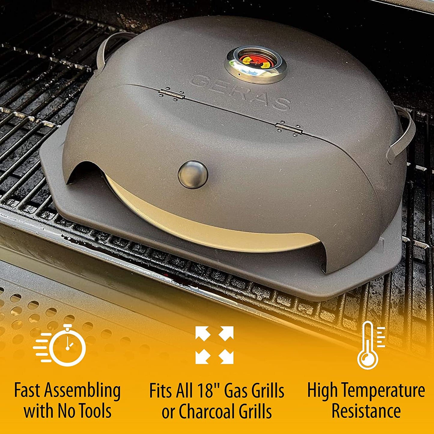 Geras Pizza Oven for Grill - Grill Top Pizza Maker for outside - Pizza Stone, Pizza Peel Kit - Outdoor Small Portable Backyard BBQ Pizzas Maker Charcoal Grill, Pellet, Propane Gas and Wood Fire