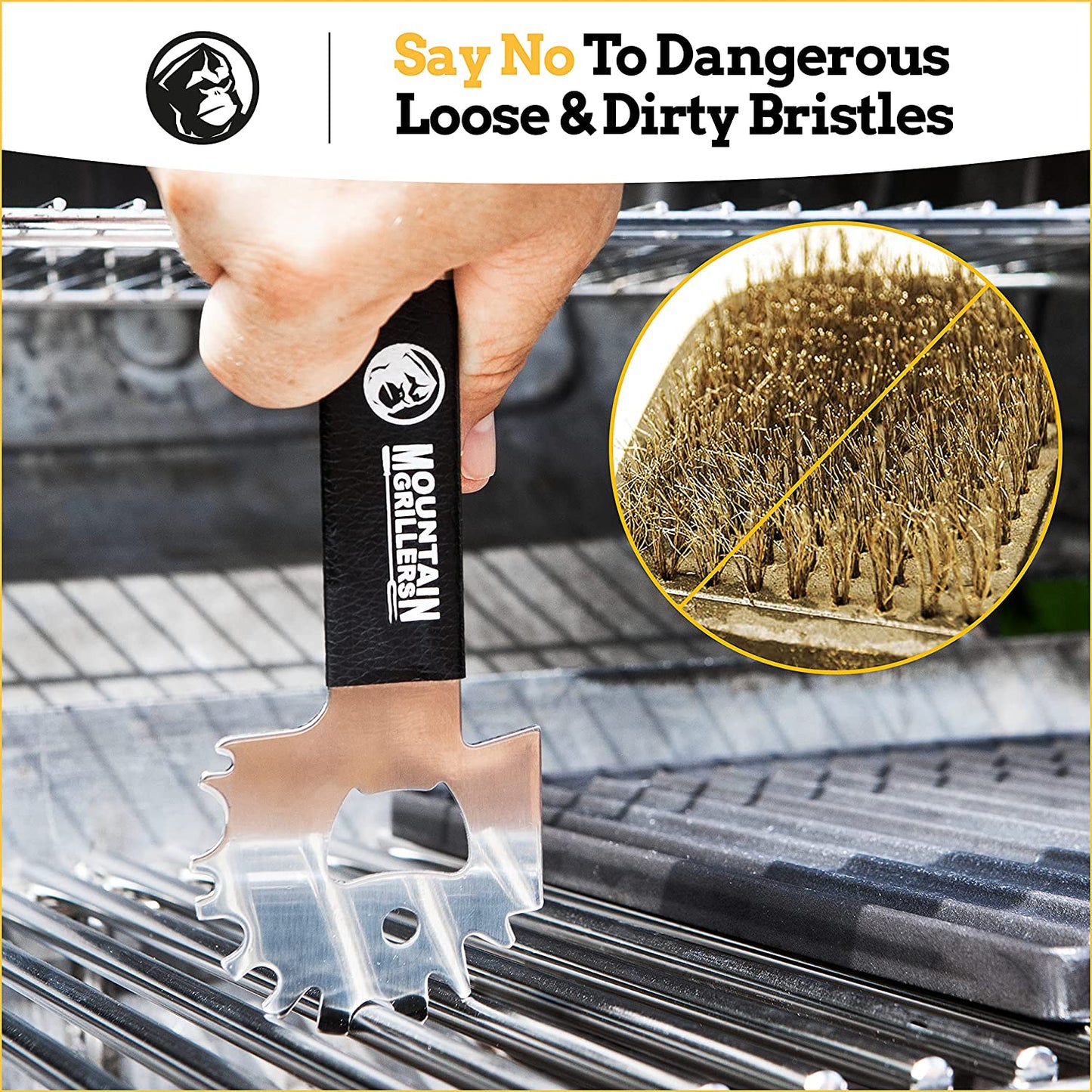 Mountain Grillers BBQ Grill Grate Scraper Wide Portable Grill Scrubber Fits Almost Any Grill, Griddle, Smoke Oven Grate Compact Non Slip Stainless Steel Grill Cleaner Tool with Built-In Bottle Opener