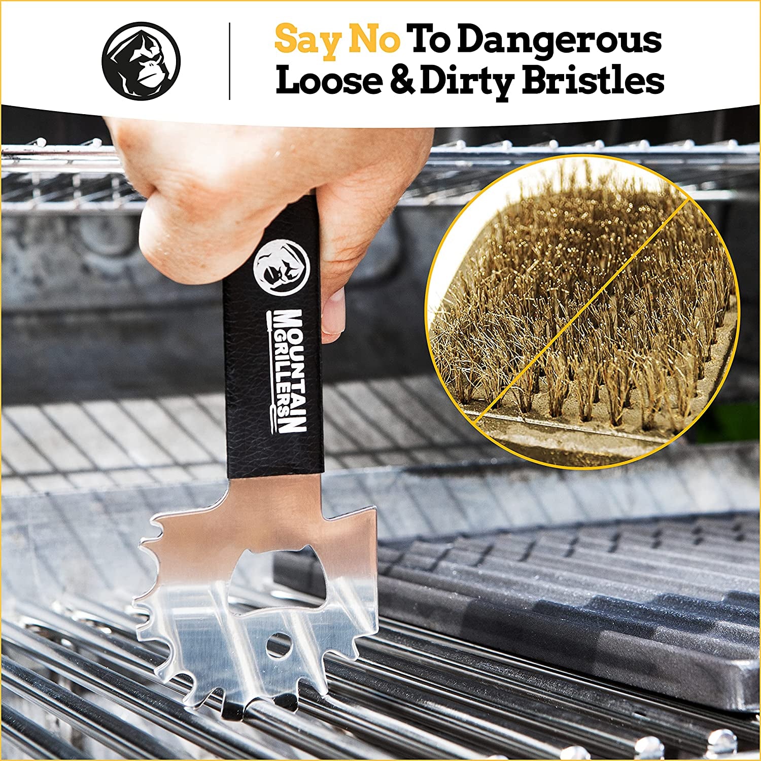Mountain Grillers BBQ Grill Grate Scraper Wide Portable Grill Scrubber Fits Almost Any Grill, Griddle, Smoke Oven Grate Compact Non Slip Stainless Steel Grill Cleaner Tool with Built-In Bottle Opener