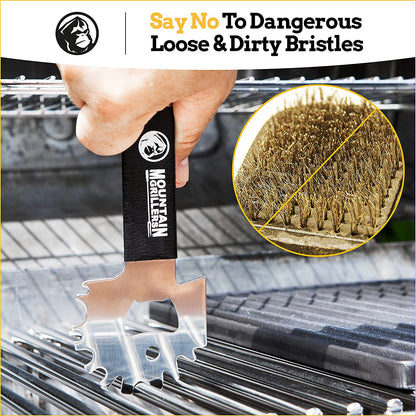 Mountain Grillers BBQ Grill Grate Scraper Wide Portable Grill Scrubber Fits Almost Any Grill, Griddle, Smoke Oven Grate Compact Non Slip Stainless Steel Grill Cleaner Tool with Built-In Bottle Opener