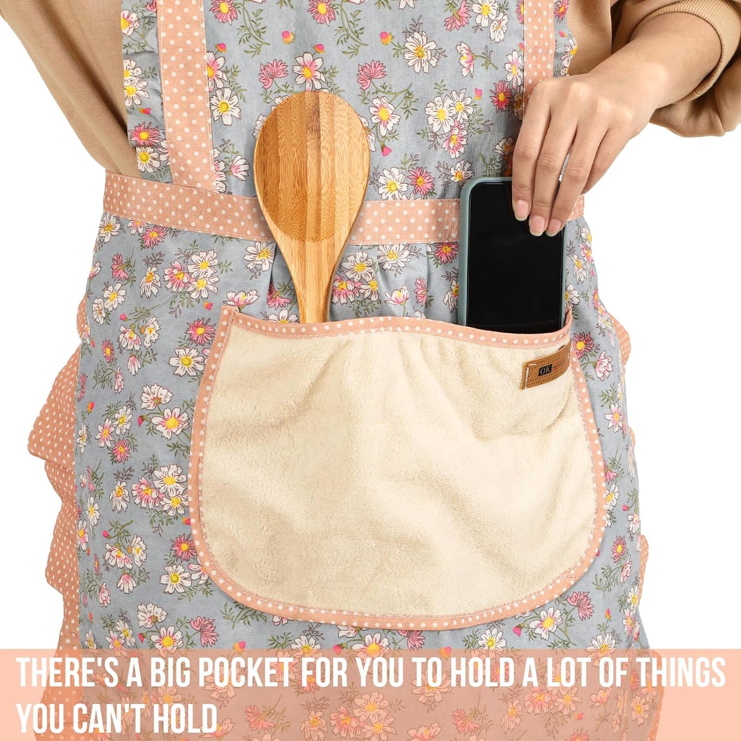 2Pcs Women Aprons with Pockets, Girls Floral Apron with Big Pocket Baking Soft Chef Aprons for Kitchen Cooking Baking