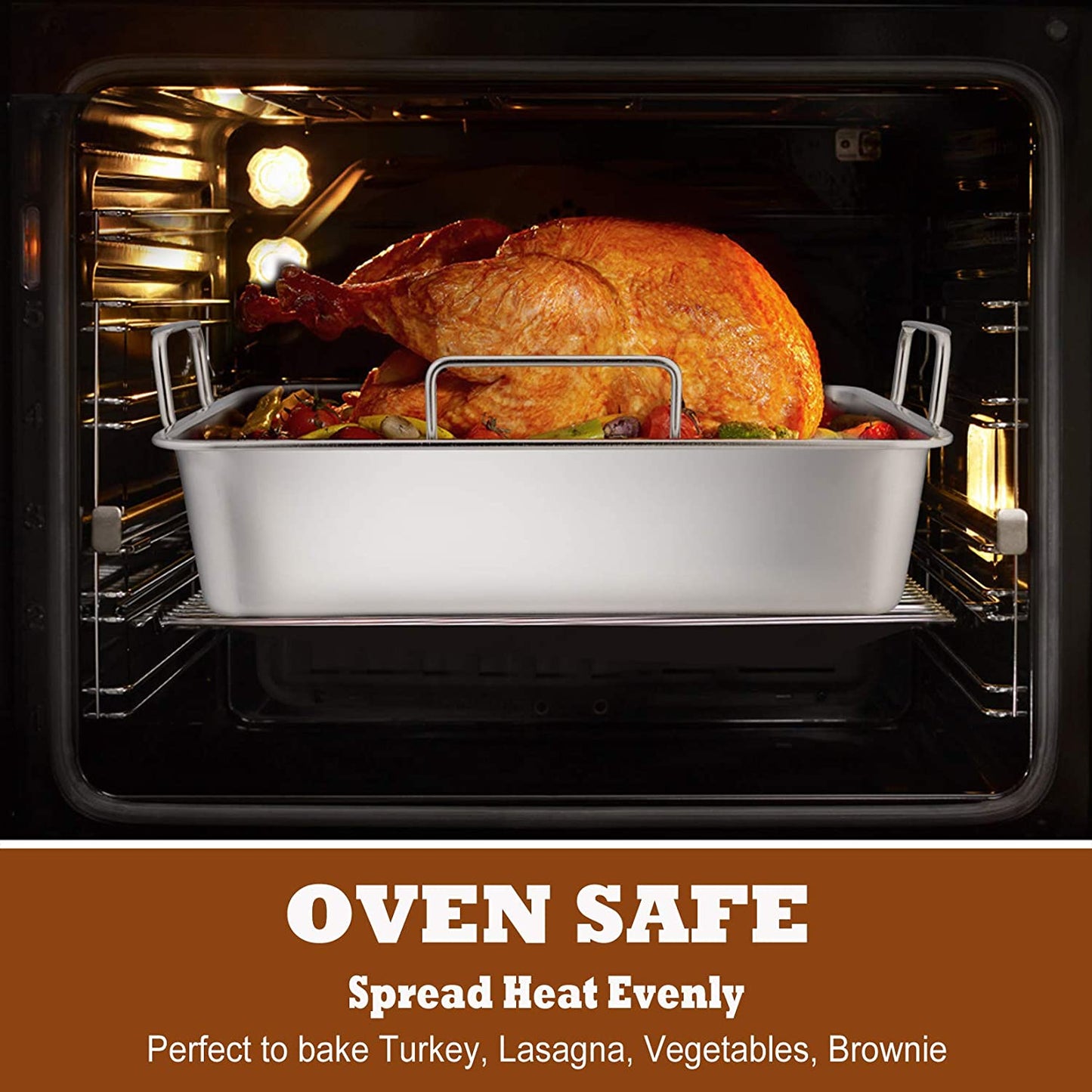 Roasting Pan with Rack, P&P CHEF 14 Inch Stainless Steel Roaster Lasagna Pan & V-Shaped Rack & Roasting Rack, Non Toxic & Heavy Duty, Brushed Surface & Dishwasher Safe, Rectangular