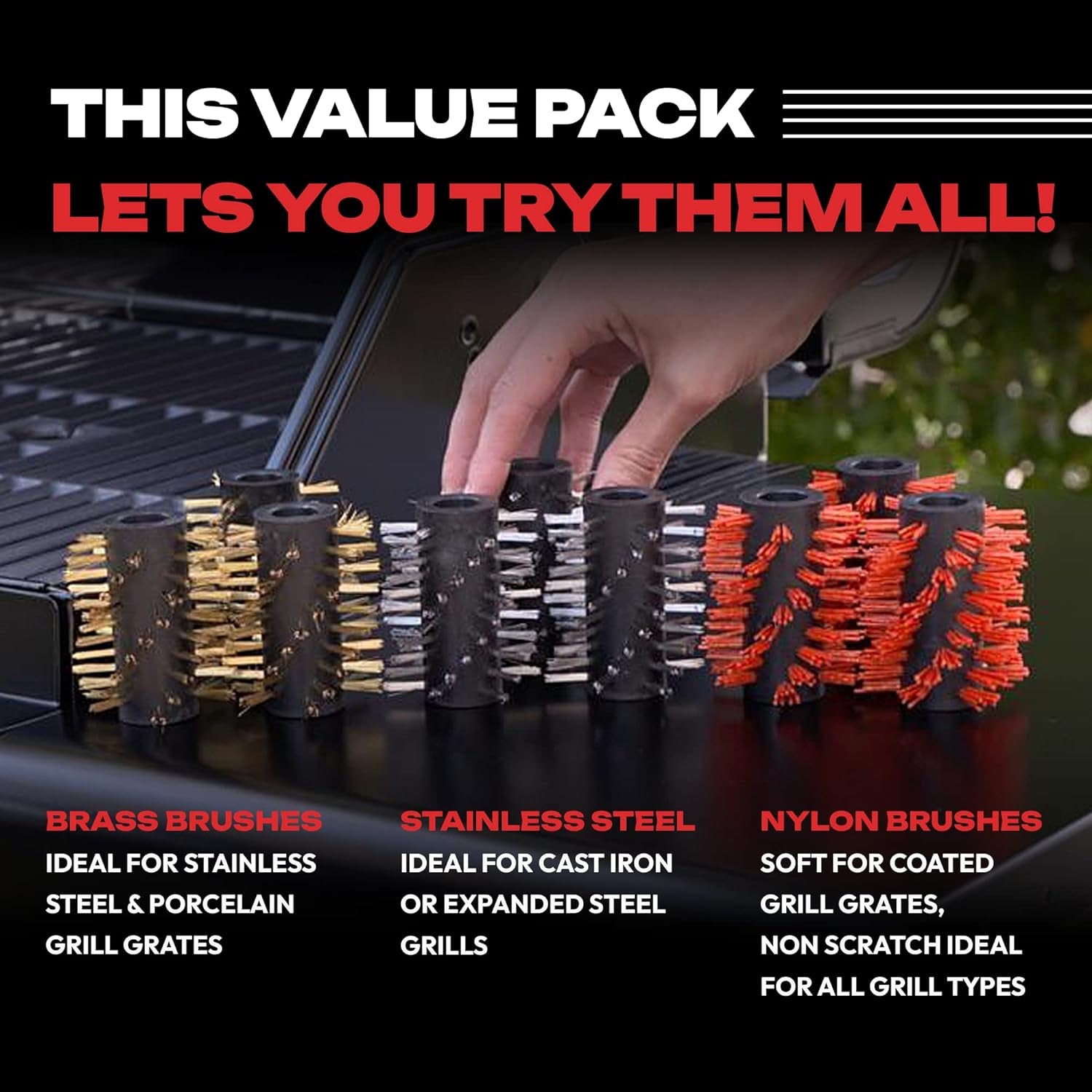 Automatic BBQ Grill Cleaning Robot Replacement Brush - Grill Cleaner Parts, Grilling Accessories, Wire Brush Tool, Metal Brush - Set of 3 Each Stainless Steel, Nylon and Brass Variety Pack