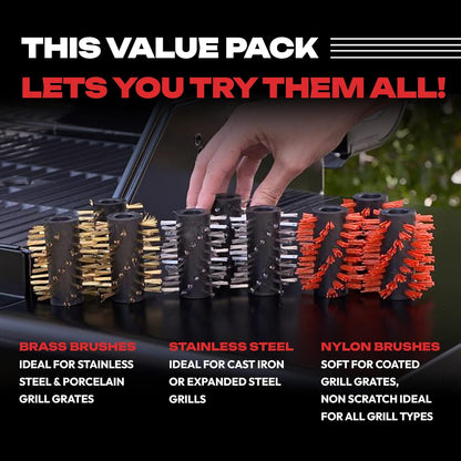 Automatic BBQ Grill Cleaning Robot Replacement Brush - Grill Cleaner Parts, Grilling Accessories, Wire Brush Tool, Metal Brush - Set of 3 Each Stainless Steel, Nylon and Brass Variety Pack