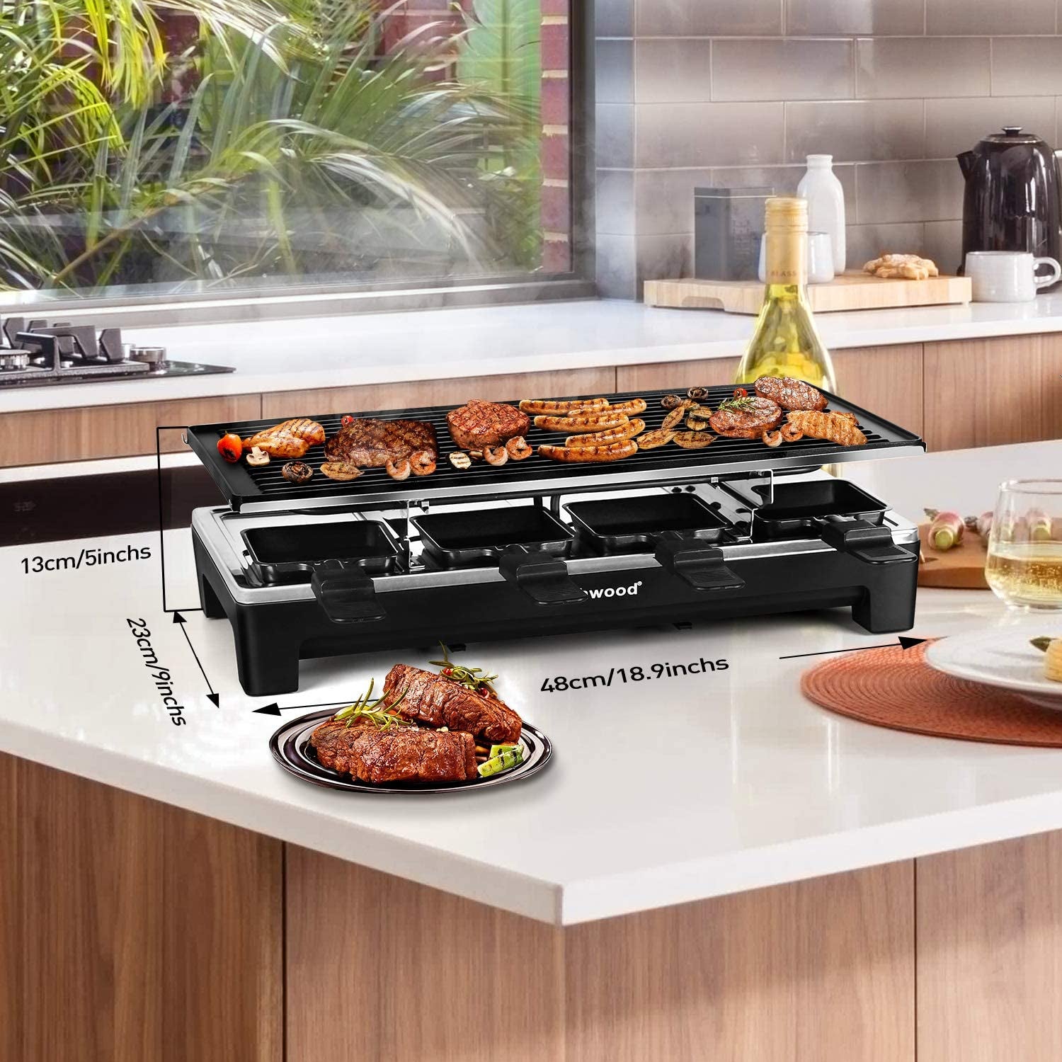 Raclette Table Grill,  Electric Indoor Grill Korean BBQ Grill, Removable 2-In-1 Non-Stick Grill Plate, 1500W Fast Heating with 8 Cheese Melt Pans, Ideal for Parties and Family Fun (Black)