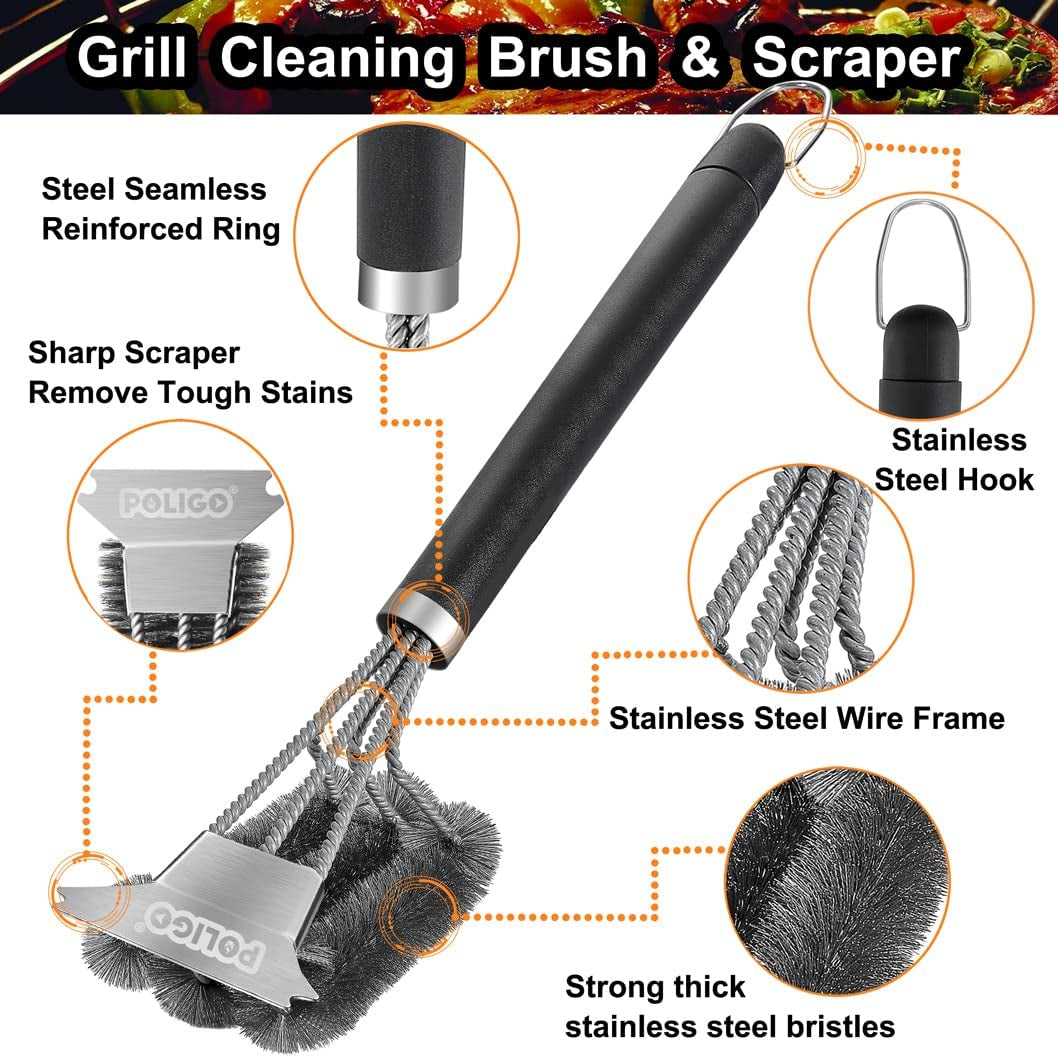 Safe Grill Brush and Scraper with Deluxe Handle - 18" Grill Cleaner Brush Stainless Steel Bristle Grill Brush for Outdoor Grill Wizard Grate - BBQ Brush for Grill Cleaning Ideal Grilling Gifts