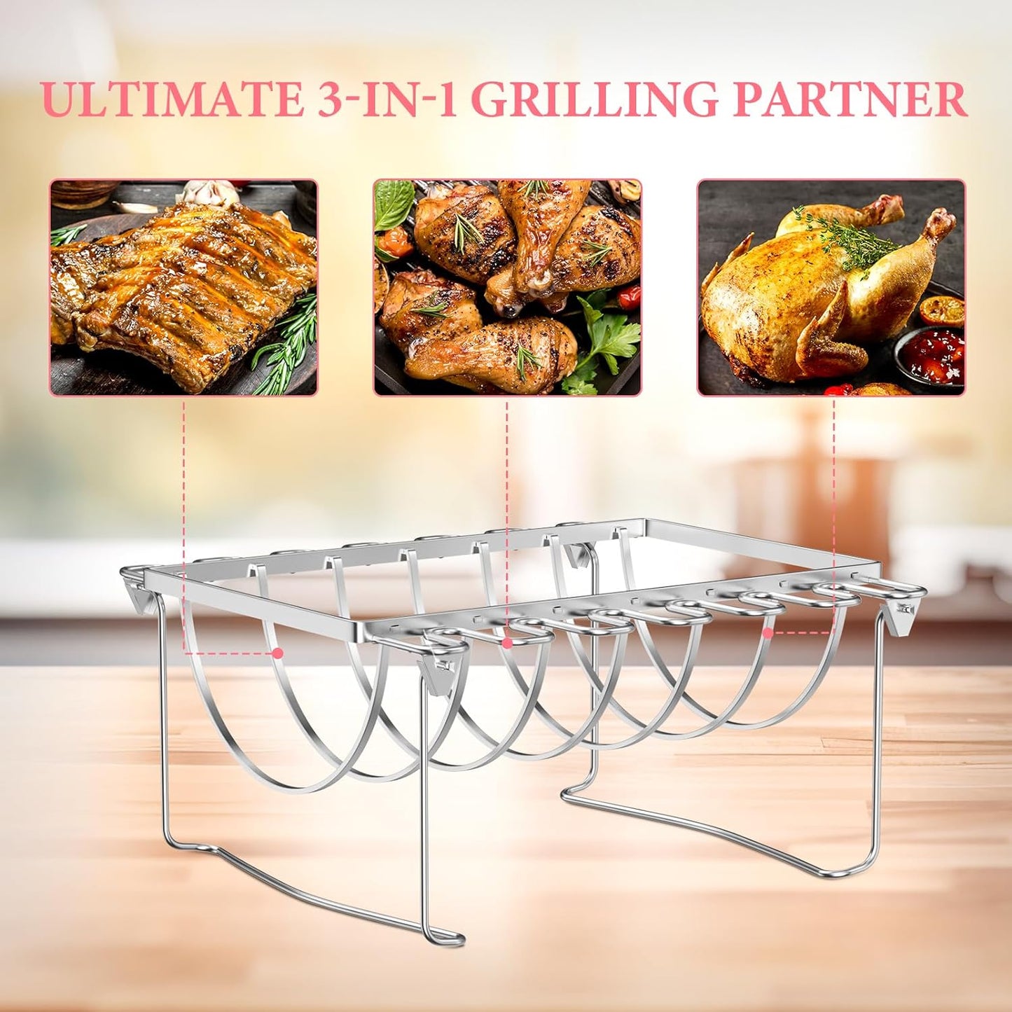 BMMXBI Foldable 3-In-1 Chicken Leg Rib Rack for Grill, Oven, Holds 12 Chicken Leg Wing, 6 Large Ribs, 1 Whole Chicken, Stainless Steel Rib Chicken Drumstick Roasting Racks Smoker Accessories