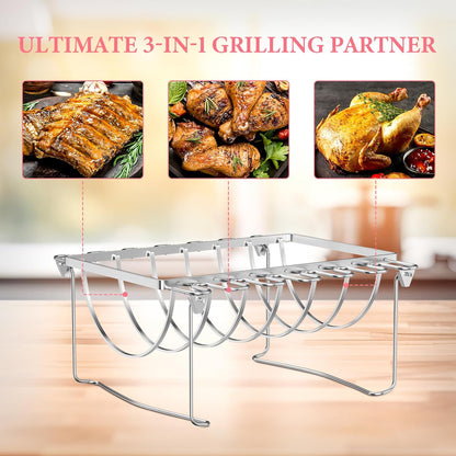BMMXBI Foldable 3-In-1 Chicken Leg Rib Rack for Grill, Oven, Holds 12 Chicken Leg Wing, 6 Large Ribs, 1 Whole Chicken, Stainless Steel Rib Chicken Drumstick Roasting Racks Smoker Accessories