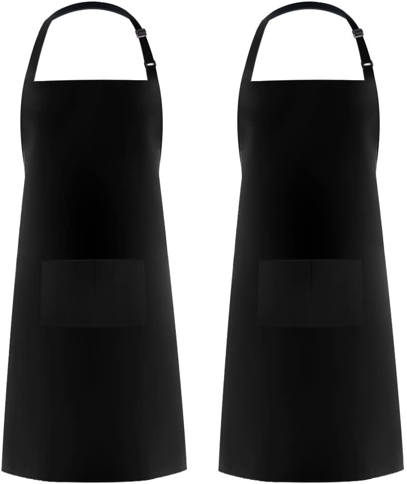2 Pack Adjustable Bib Apron Thicker Version Waterdrop Resistant with 2 Pockets Cooking Kitchen Aprons for Women Men Chef, Black