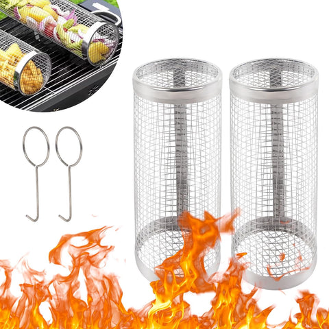 Image of Rolling Grilling Basket , BBQ Grill Basket 2 PACK, Stainless Steel Grill Mesh Barbeque Grill Accessories, Portable Grill Baskets for Outdoor Grill for Shrimp, Meat, Vegetables, Fries, Fish (Small Round),Gifts for Men