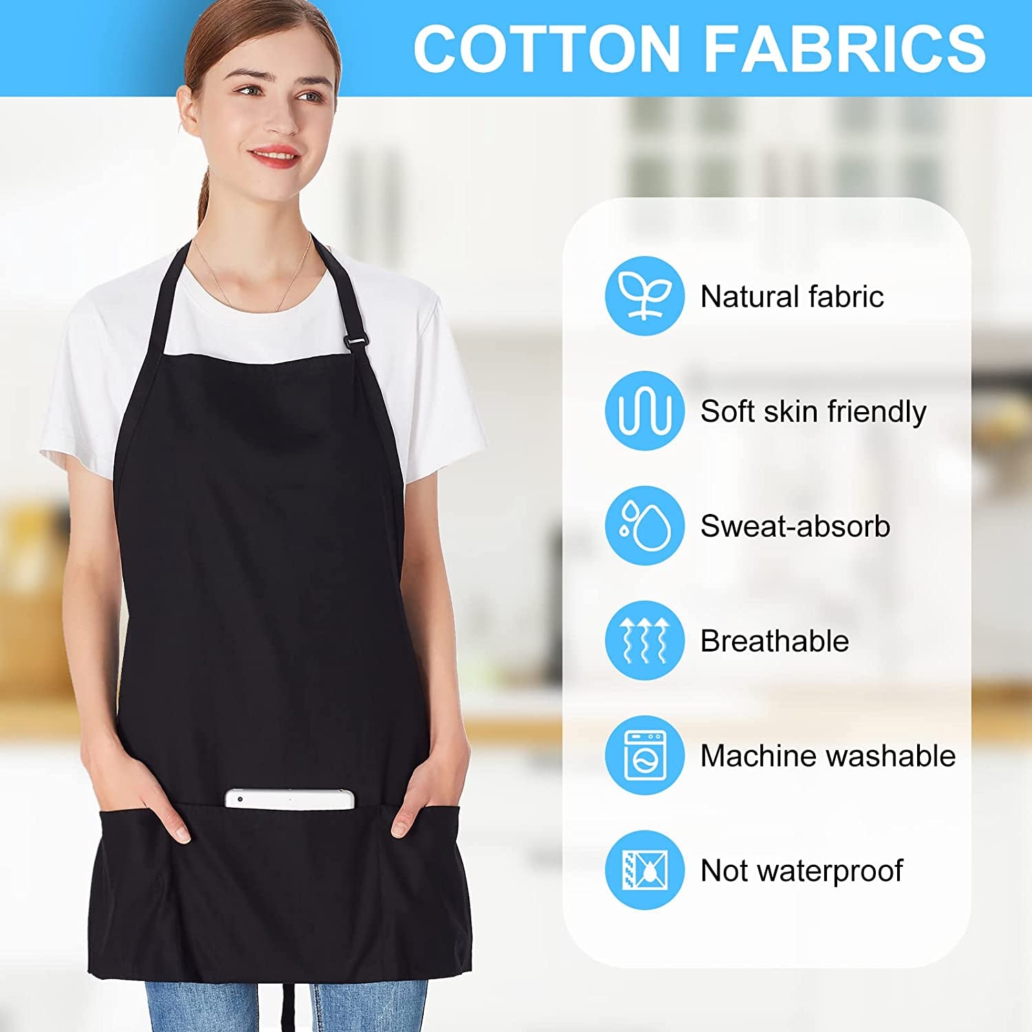 2 Pack 3 Pockets 100% Cotton Adjustable Bib Apron Chef Kitchen Cooking Aprons for Women Men, Black