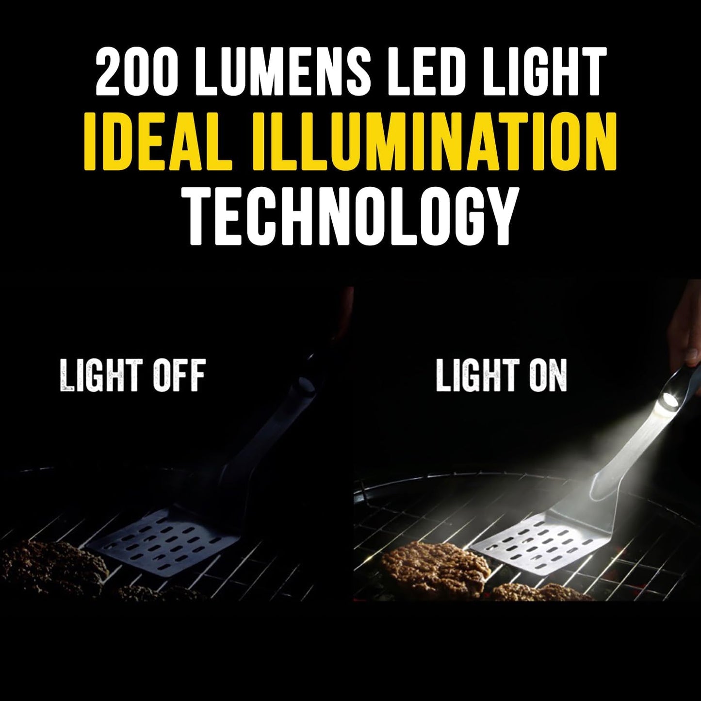 Grill Light Grill Spatula Tongs Grilling Mat Gift Set | Restaurant Grade Stainless Steel | LED Light to Grill in the Dark | Waterproof & Dishwasher Safe | Camping Barbecue Grilling Tongs Spatula