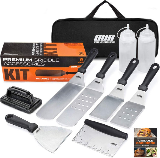 OUII Flat Top Griddle Accessories for Blackstone and Camp Chef Griddle - 9 Pieces Set with Griddle Cleaning Kit and Carry Bag! Metal Spatula, Scraper for Hibachi and Teppanyaki Grill