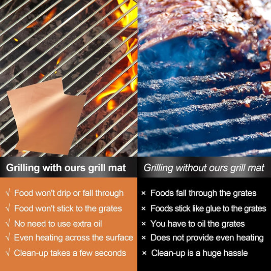Copper Grill Mats for Outdoor Grill, Set of 6 Heavy Duty Grill Mats, Non Stick BBQ Grill Mats & Baking Mats, Resuable and Easy to Clean, Works on Gas Charcoal and Electric BBQ-15.75 X 13 Inch