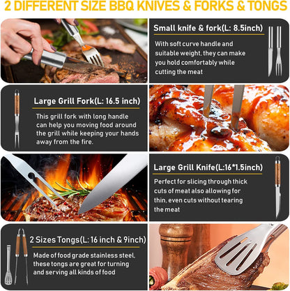 34Pcs Grill Accessories Grilling Gifts for Men, 16 Inches Heavy Duty BBQ Accessories, Stainless Steel Grill Tools with Thermometer, Grill Mats for Backyard, BBQ Gifts Set for Men Women