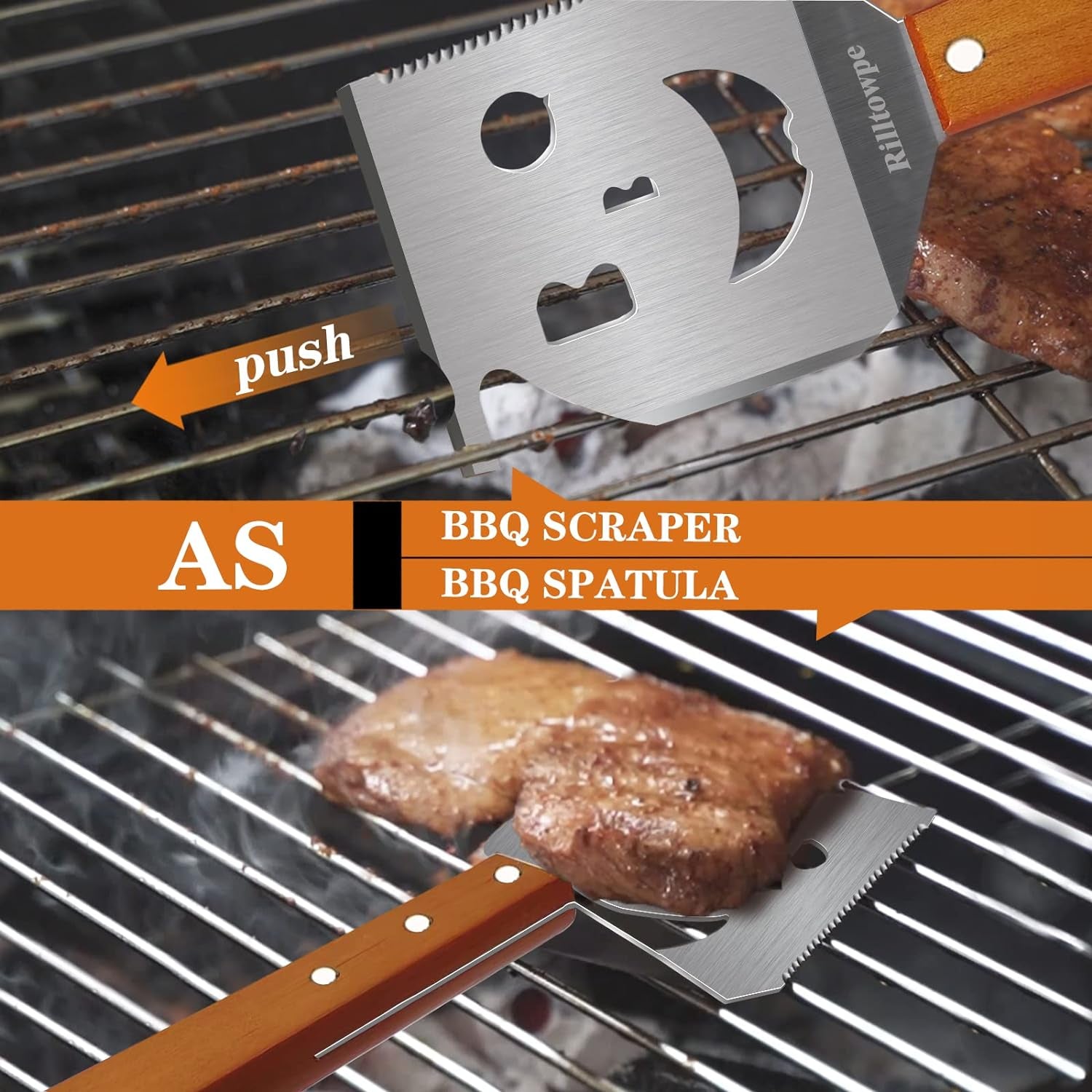 Rilltowpe BBQ Spatula, Outdoor BBQ BBQ Spatula, Wooden Handle Stainless Steel BBQ Spatula, Outdoor BBQ Accessories. Unique BBQ Gifts.