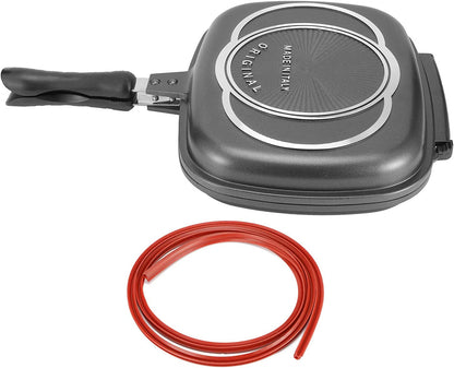 Double-Sided Frying Pan, 32Cm/12.6In BBQ Grill Pan, Double Side Pressure Cooking Grill Pan, Portable Grill Pot for Home Cooking, Anti‑Burn Handle, Grill Cookware Kitchen Supplies