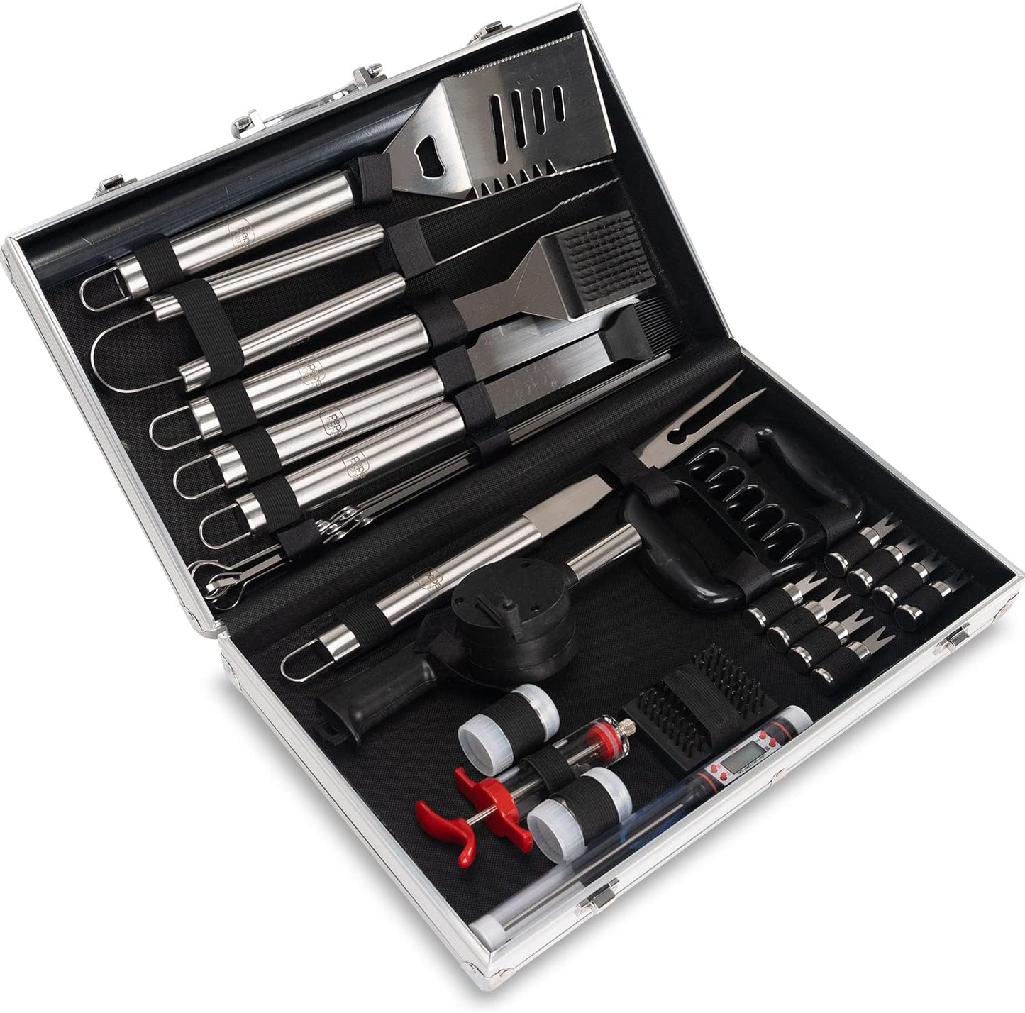 Grill Smoker Barbecue Accessories Tools Set - 29 Pcs Stainless Steel BBQ Flat Top Grill Tool Kit with Case for Outdoor Cooking & Camping – Deluxe Grilling Gift for Men (Aluminum Case)