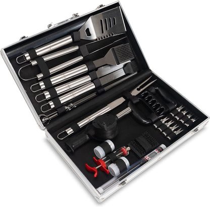Grill Smoker Barbecue Accessories Tools Set - 29 Pcs Stainless Steel BBQ Flat Top Grill Tool Kit with Case for Outdoor Cooking & Camping – Deluxe Grilling Gift for Men (Aluminum Case)