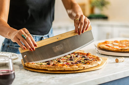 4-Piece Large Pizza Stone Set - 13" Thermal Shock Resistant Cordierite Pizza Stone with Handle Rack, 19" Natural Bamboo Pizza Peel & Pizza Cutter - Large Baking Stone for Grill and Oven