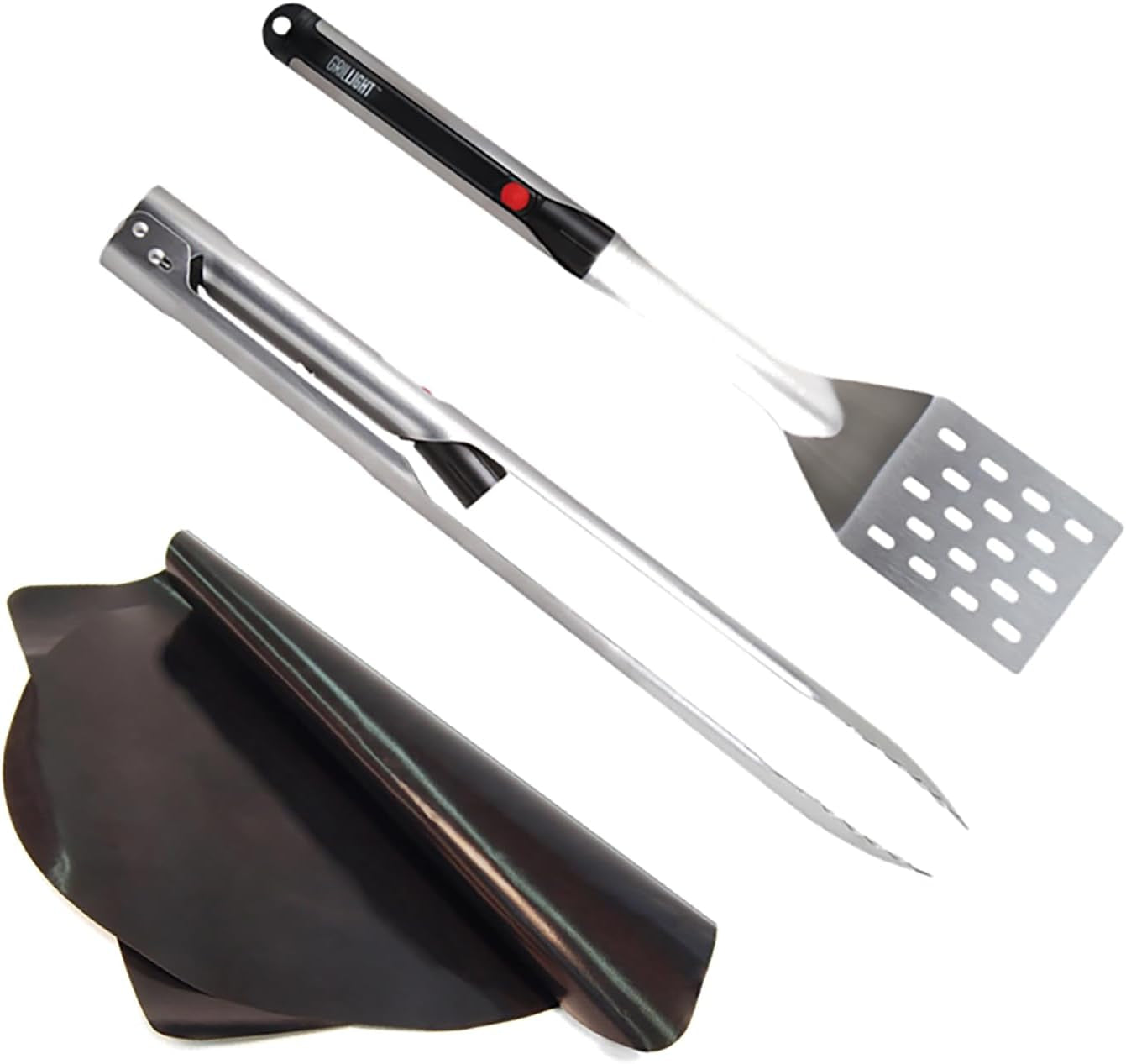 Grill Light Grill Spatula Tongs Grilling Mat Gift Set | Restaurant Grade Stainless Steel | LED Light to Grill in the Dark | Waterproof & Dishwasher Safe | Camping Barbecue Grilling Tongs Spatula