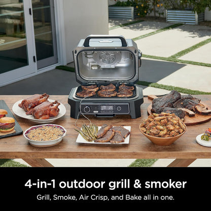OG850 Woodfire Pro XL Outdoor Grill & Smoker with Built-In Thermometer, 4-In-1 Master Grill, BBQ Smoker, Outdoor Air Fryer, Bake, Portable, Electric, Blue