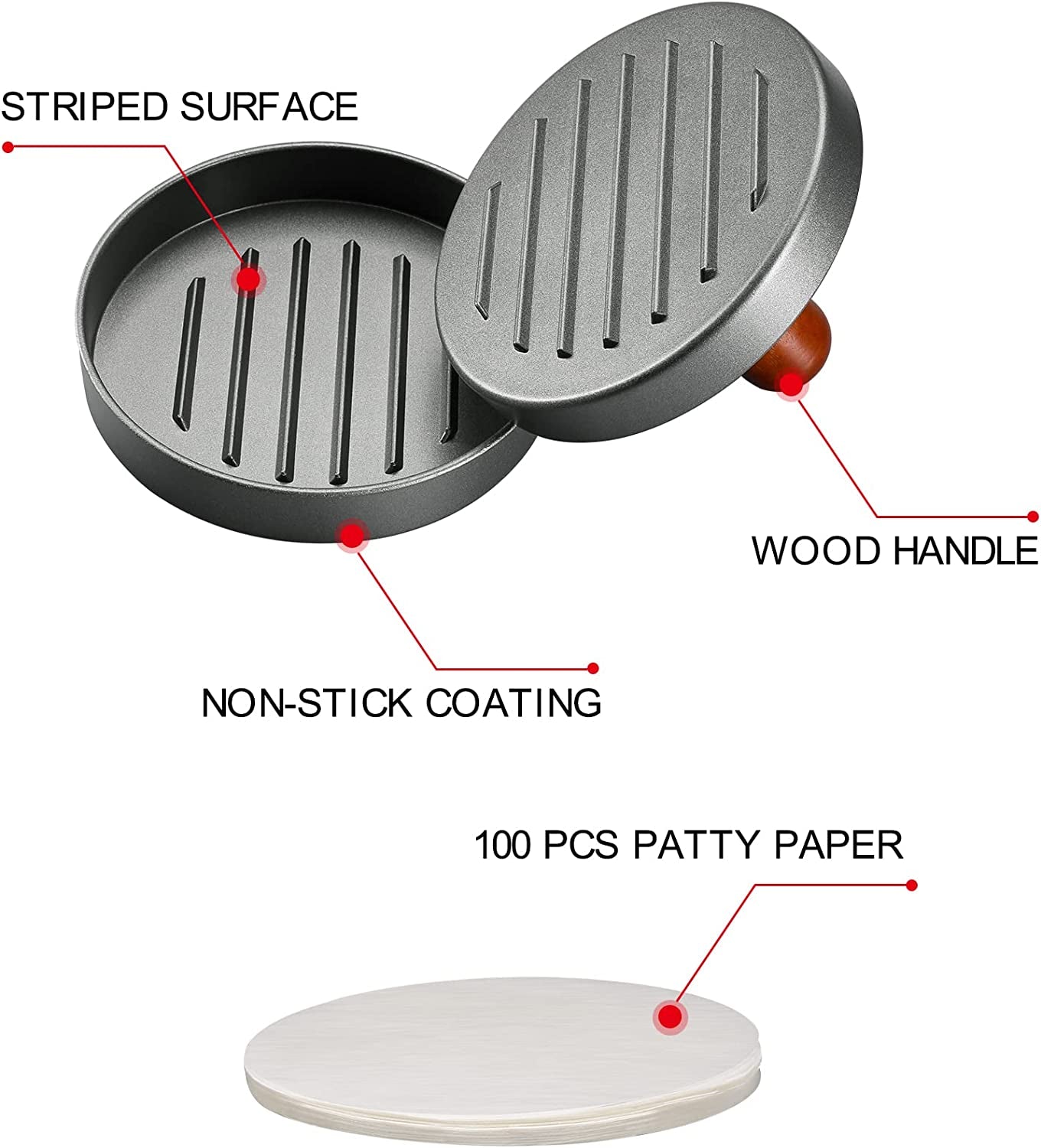 PIQUEBAR Burger Press Patty Maker Stainless Steel Hamburger Mold Non-Stick with 100 Patty Papers