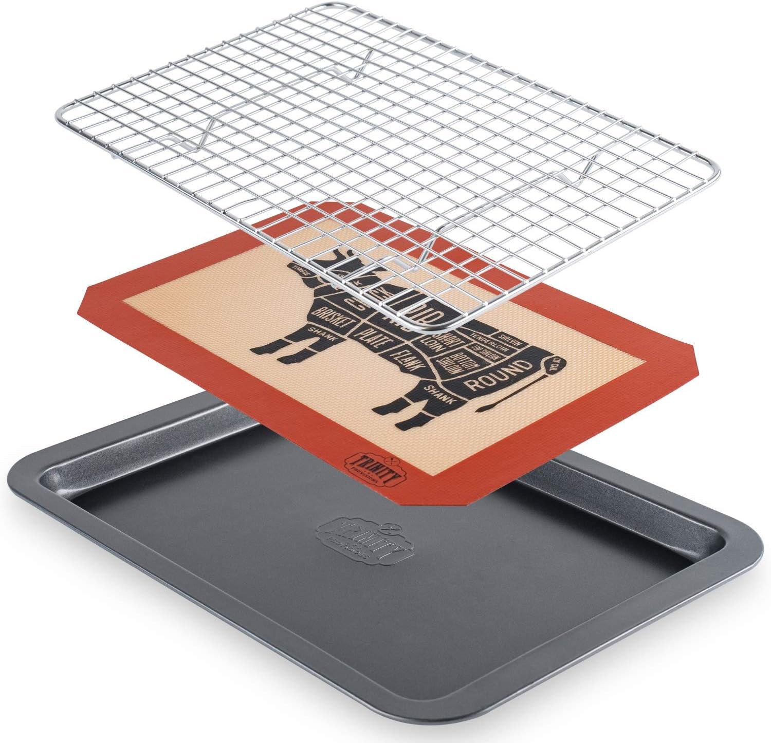 Meat Resting Pan - with Wire Rack and Silicone Baking Mat - Dishwasher and Oven Safe Stainless Steel, for Cooking and Cooling Steak, BBQ, Bacon, & More