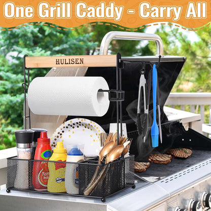 Grill Caddy, BBQ Caddy with Paper Towel Holder, Utensil Caddy for Plates and Utensils, Picnic Condiments Caddy for Barbucue Griddle Accessories, Outdoor Camper Camping RV Backyard Must Have