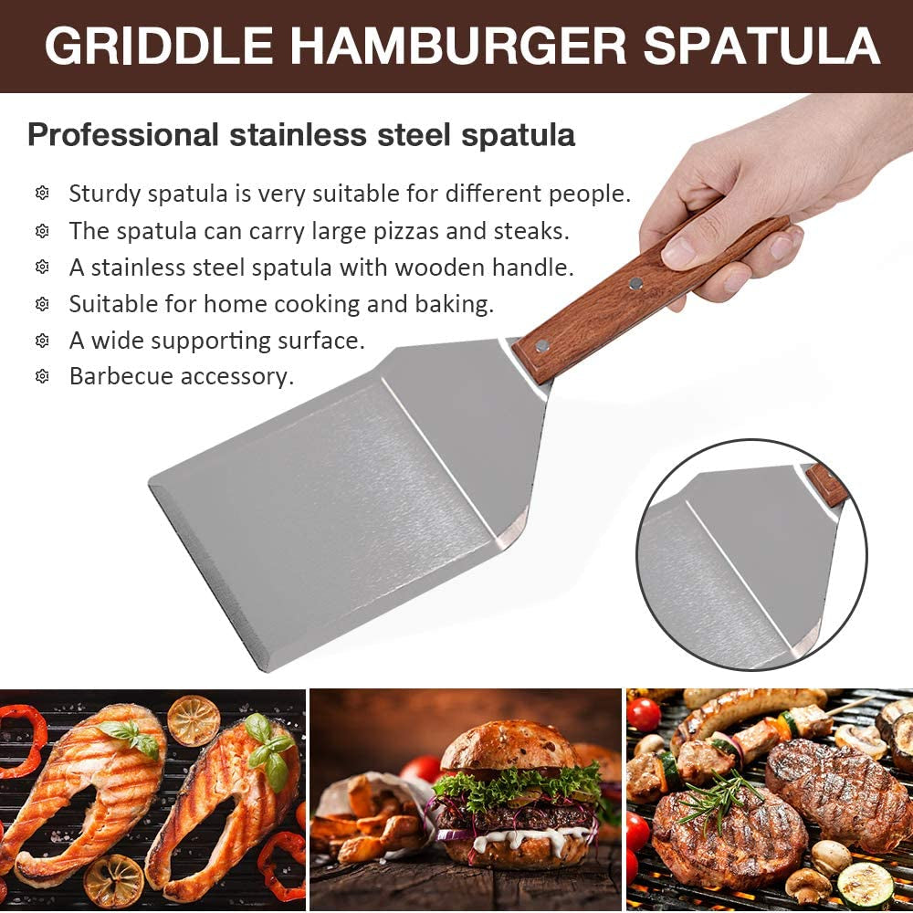 Stainless Steel Griddle Hamburger Spatula with Strong Wooden Handle, 13.5 X 5 Inches, Heavy Duty Spatula Turner with a Hook, Great for Pancake Flipper, Fish, Eggs, Burgers, Omelet and More