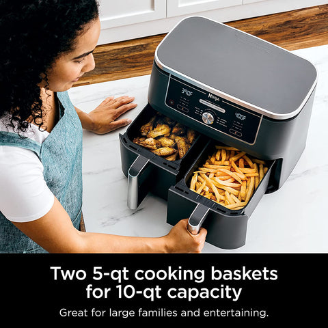 Image of DZ401 Foodi 10 Quart 6-In-1 Dualzone XL 2-Basket Air Fryer with 2 Independent Frying Baskets, Match Cook & Smart Finish to Roast, Broil, Dehydrate for Quick, Easy Family-Sized Meals, Grey