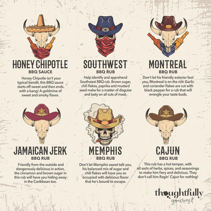 Thoughtfully Gourmet, Wild Western-Themed BBQ Sauce and Rubs Book Gift Set, Includes Honey BBQ, Montreal BBQ Rub & More, Great Gift for Men, Set of 12