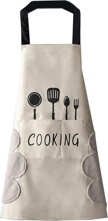 Women Kitchen Apron with Hand Wipe Pockets，Big Pocket,Hand-Wiping, Waterproof for Cooking Baking