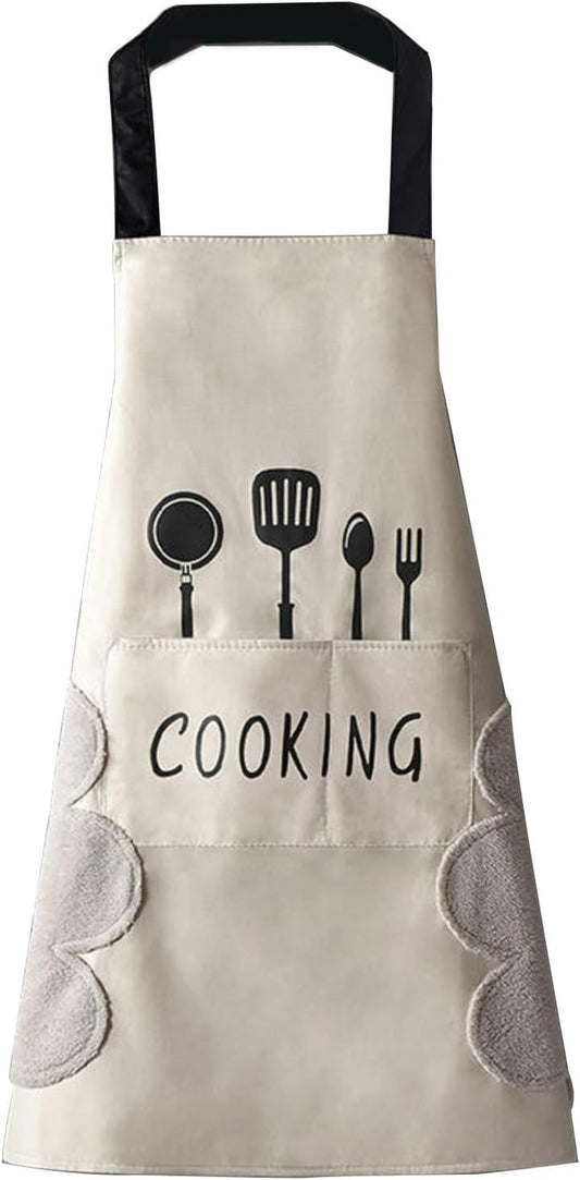 Women Kitchen Apron with Hand Wipe Pockets，Big Pocket,Hand-Wiping, Waterproof for Cooking Baking