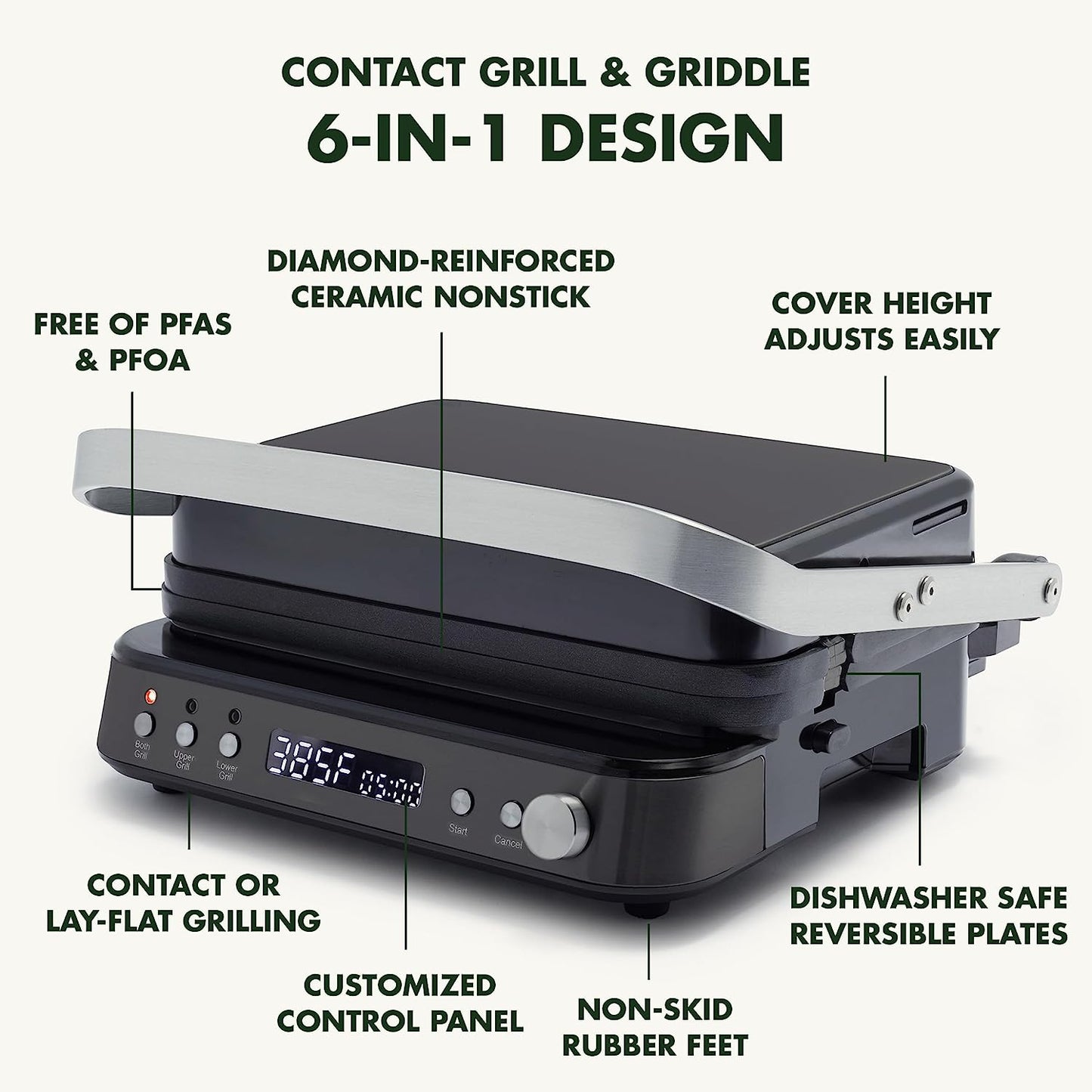 6-In-1 Multi-Function Contact Grill & Griddle, Healthy Ceramic Nonstick Aluminum, Reversible Grill and Griddle Plates, Dual Heating Options, Closed Press/Open Flat Surface, Matte Black